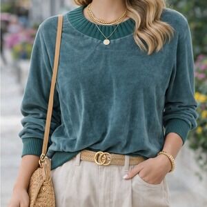 Vintage Sears Velour Sweatshirt Teal Green Ribbed Knit Trim Long Sleeve Top